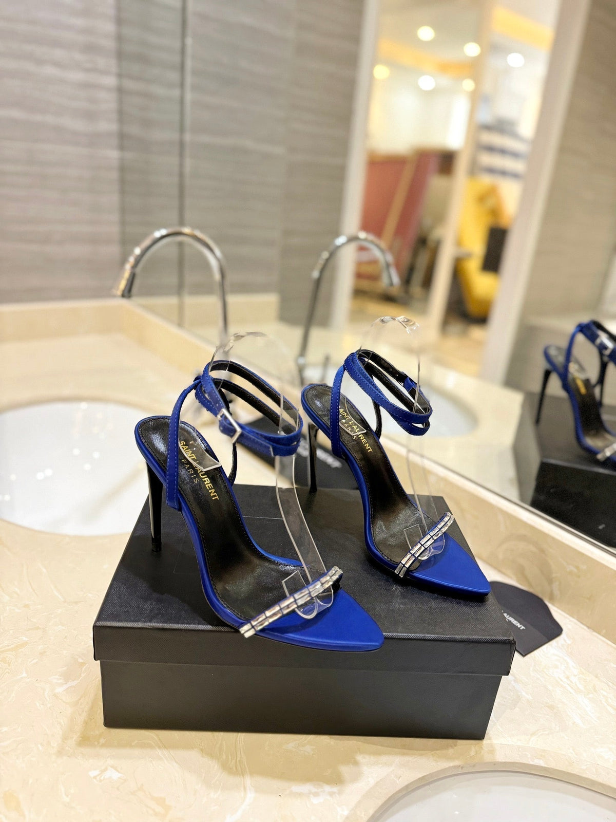 SL RHINESTONE HEELED SANDALS COBALT SATIN
