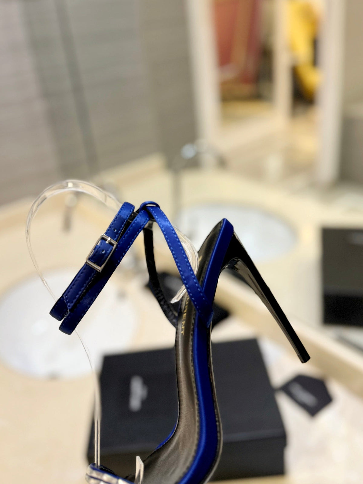 SL RHINESTONE HEELED SANDALS COBALT SATIN