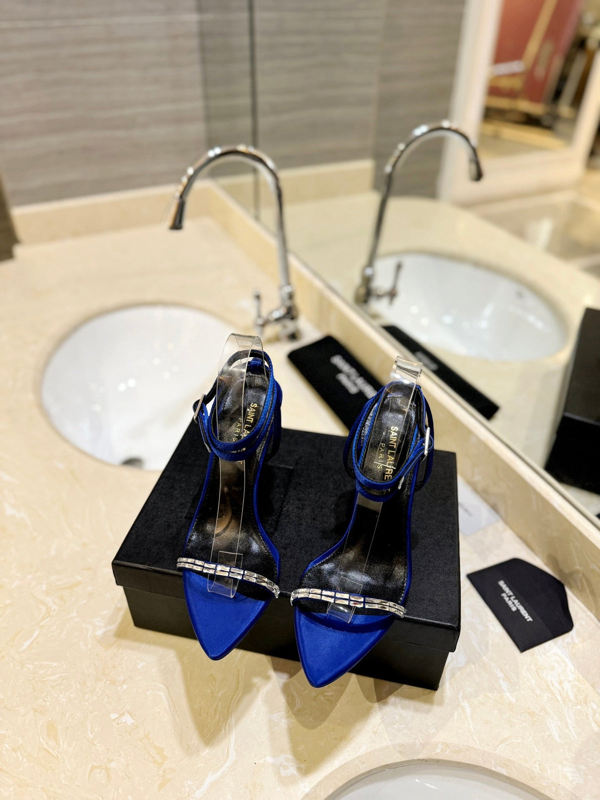 SL RHINESTONE HEELED SANDALS COBALT SATIN