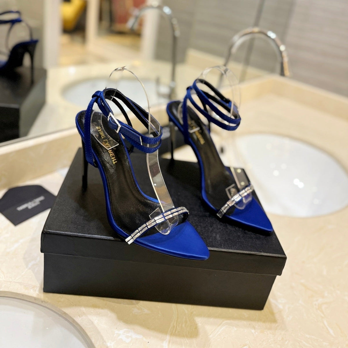 SL RHINESTONE HEELED SANDALS COBALT SATIN