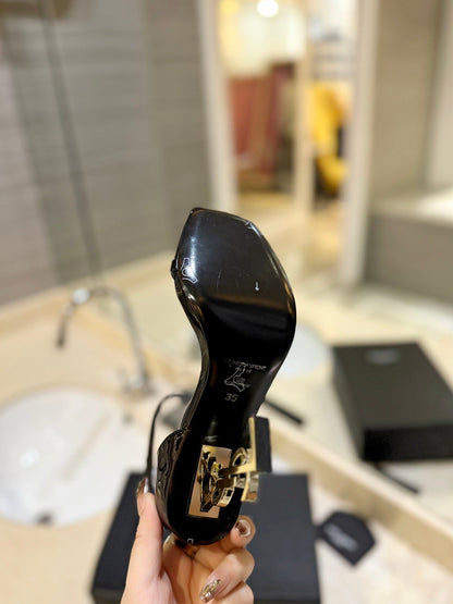 SL OPYUM SANDALS 105 BLACK AND GOLD CALFSKIN