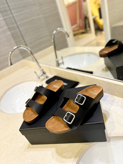 SL Flat Sandal Women Brown Seude Black Calfskin