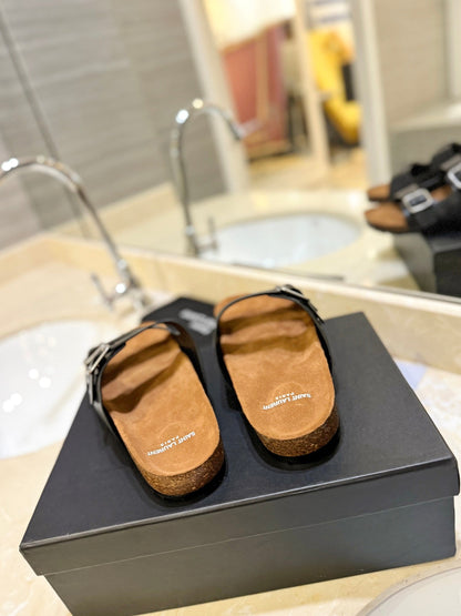 SL Flat Sandal Women Brown Seude Black Calfskin