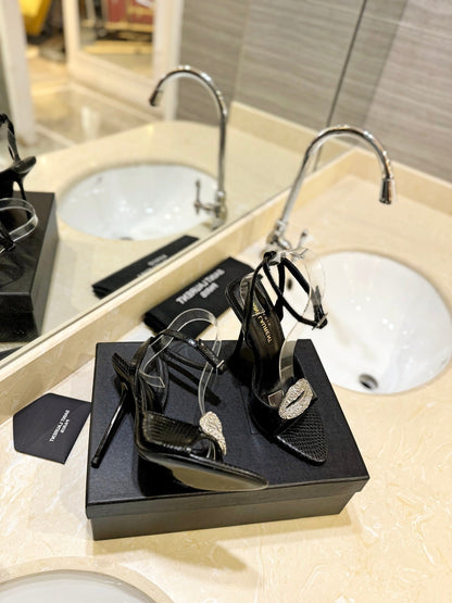 SL AYERS SNAKE CRYSTAL SANDAL BLACK CALFSKIN