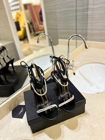 SL PEARL HIGH HEEL SANDALS BLACK CALFSKIN