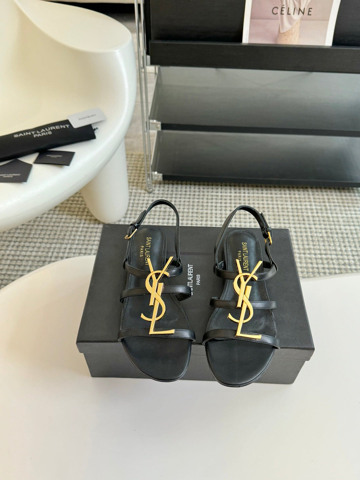 SL CASSANDRA TRIPLE SANDAL FLAT BLACK CALFSKIN