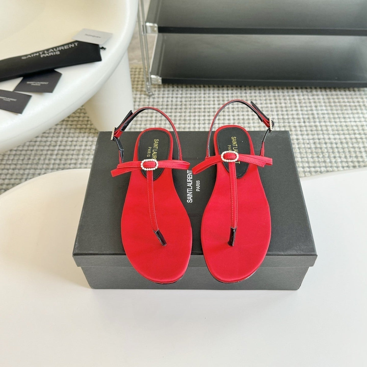 SL Silk Bow T-Strap Flat Sandals Red Leather