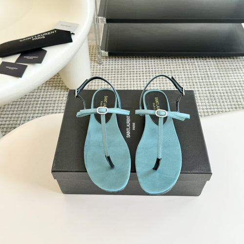 SL Silk Bow T-Strap Flat Sandals Cloud Blue Leather