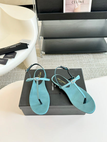 SL Silk Bow T-Strap Flat Sandals Cloud Blue Leather