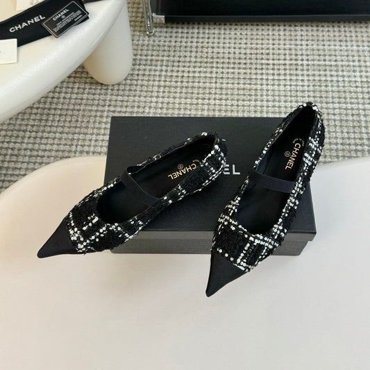 CC MARY JANE IN BLACK MIX WHITE WOOL TWEED
