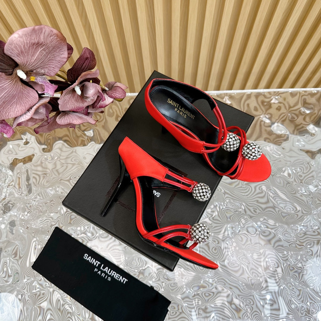 SL POM CIRCLE CRYSTAL HEELED SANDALS RED SATIN