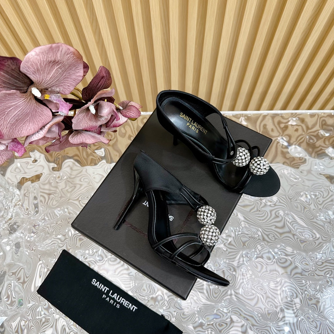 SL POM CIRCLE CRYSTAL HEELED SANDALS BLACK SATIN