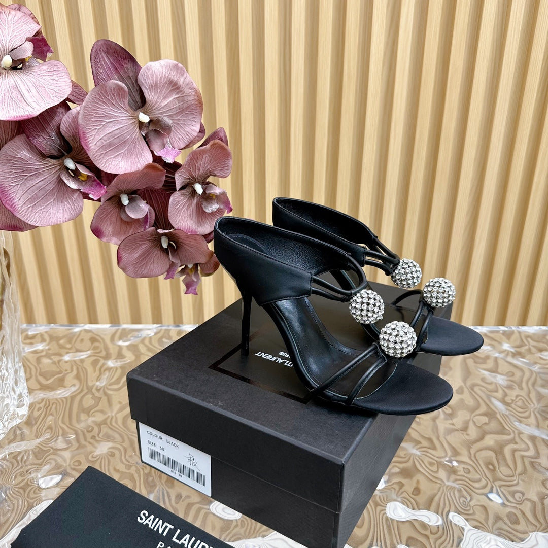 SL POM CIRCLE CRYSTAL HEELED SANDALS BLACK SATIN