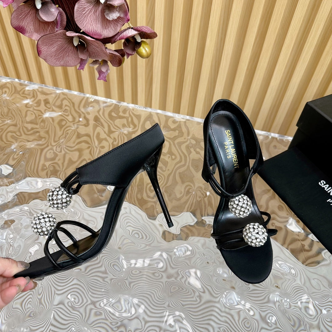 SL POM CIRCLE CRYSTAL HEELED SANDALS BLACK SATIN