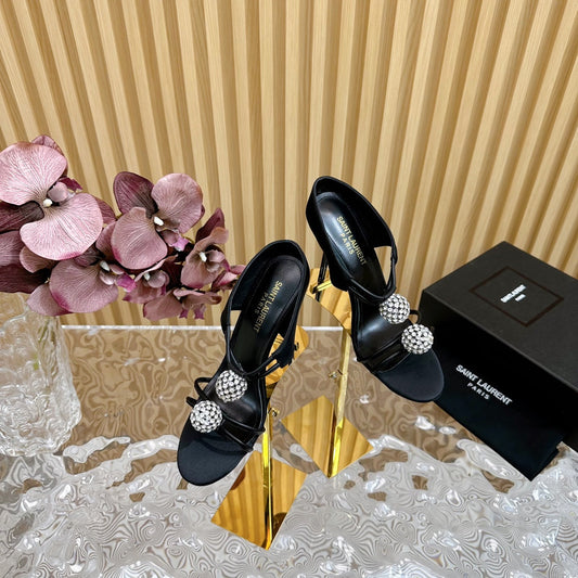 SL POM CIRCLE CRYSTAL HEELED SANDALS BLACK SATIN
