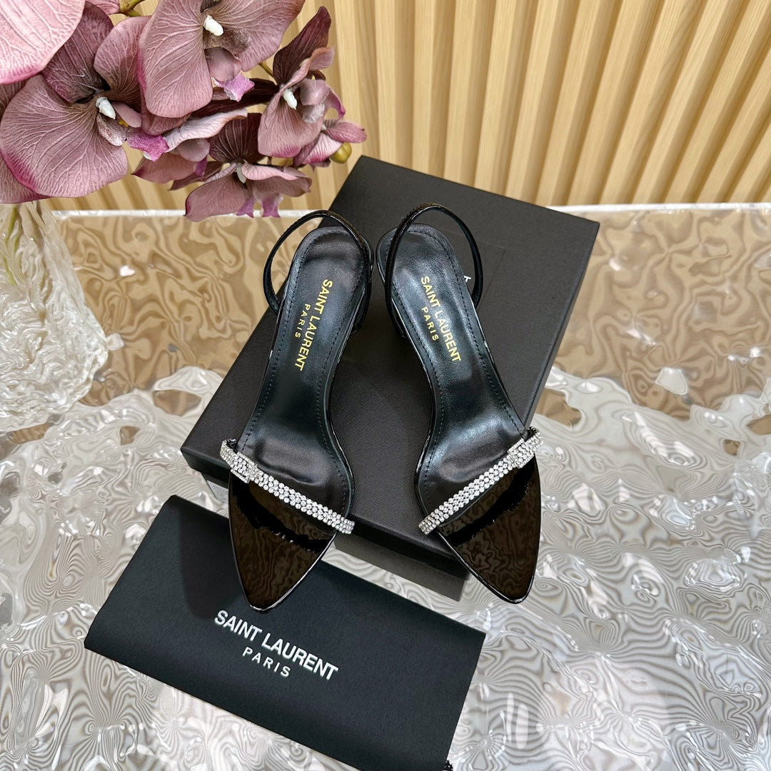 RENDEZ-VOUS SANDALS 70 IN SATIN CREPE PATENT BLACK LEATHER