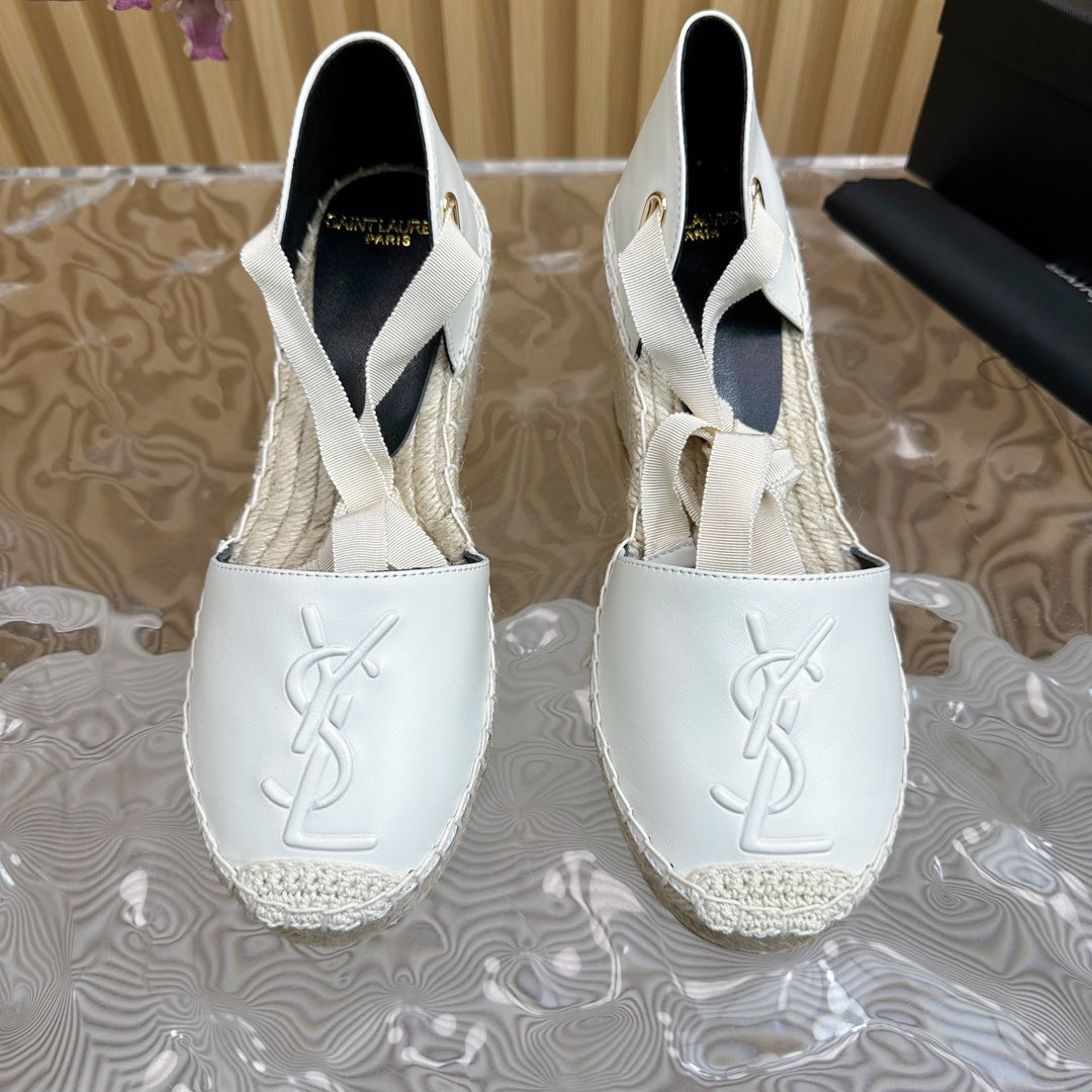 SL WEDGE SANDALS WHITE CALFSKIN AND STRAW