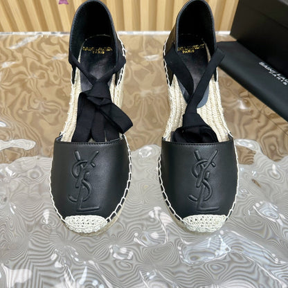 SL WEDGE SANDALS BLACK CALFSKIN AND STRAW