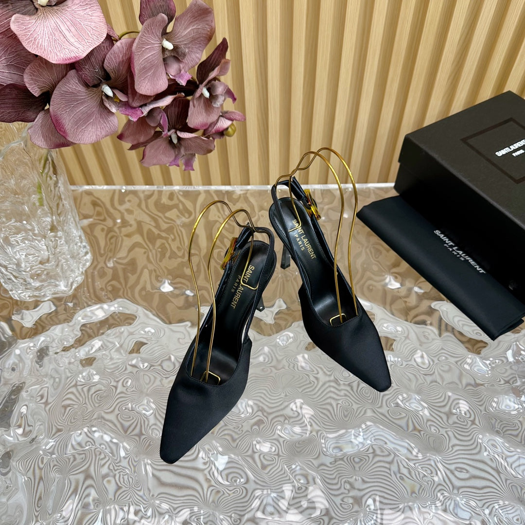 SL DUNE SLINGBACK PUMPS BLACK SATIN