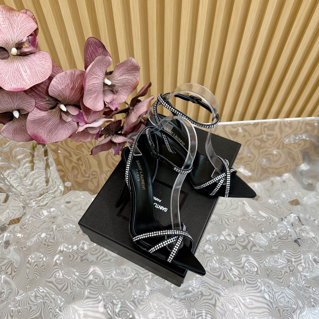SL ONE-STRAP RHINESTONE BLACK SATIN