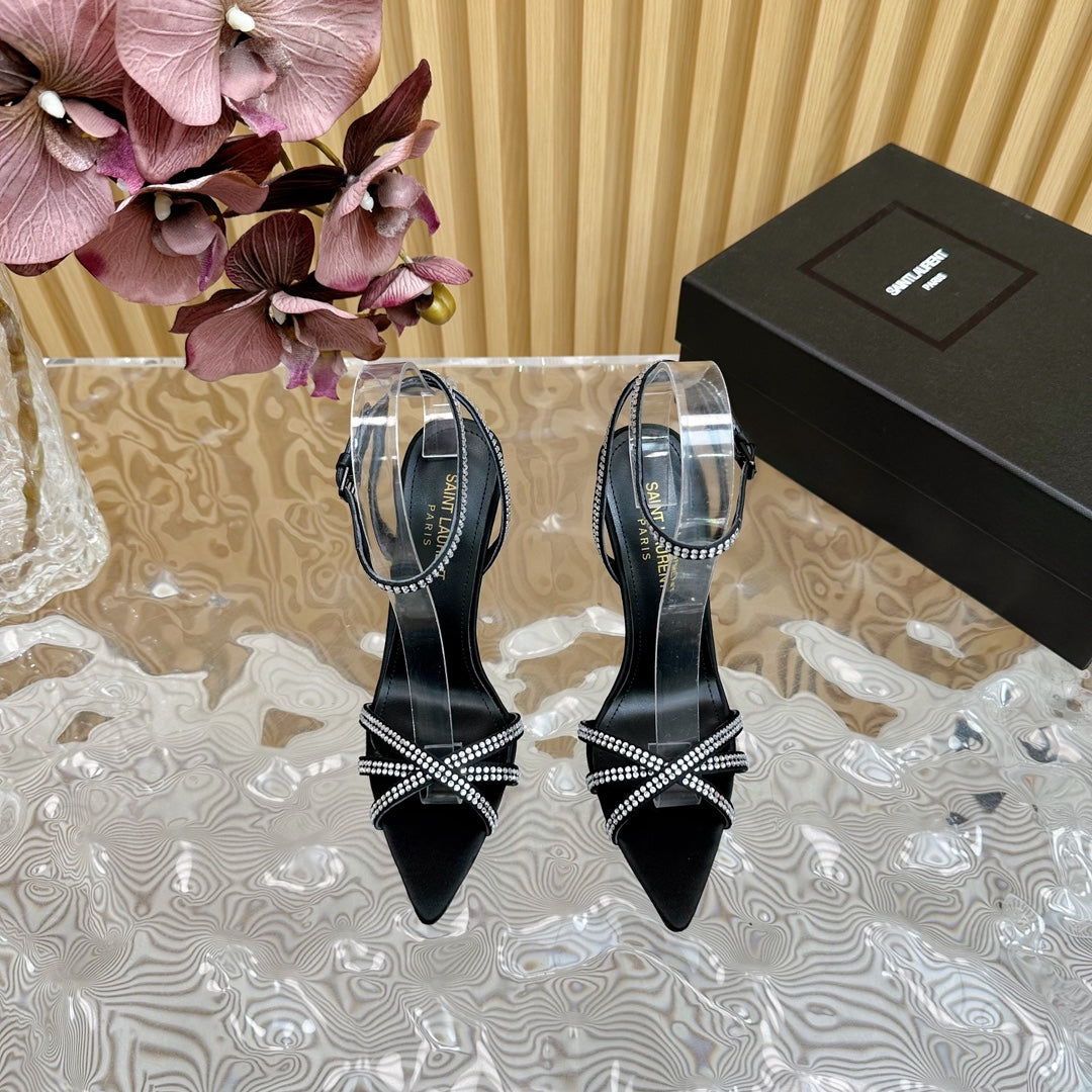 SL ONE-STRAP RHINESTONE BLACK SATIN