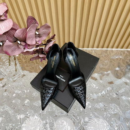 SL CROCODILE-EFFECT STILETTO PUMP BLACK CALFSKIN