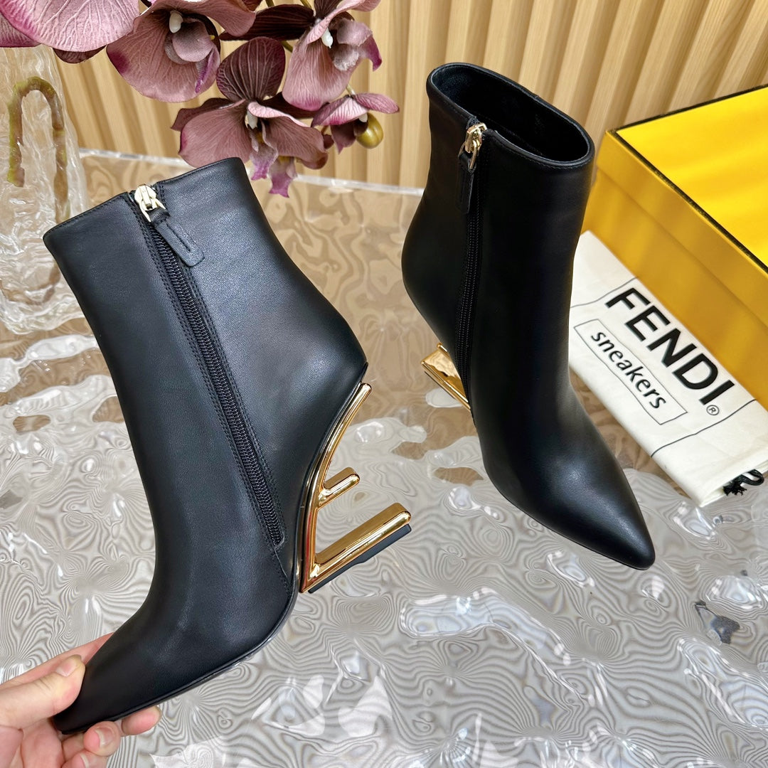 FENDI FIRST 80 MM BOOTS IN BLACK CALFSKIN WITH GOLD HARDWARE