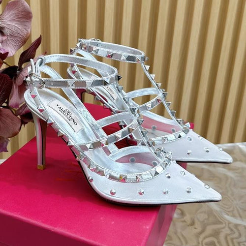 ROCKSTUD MIRROR-EFFECT PUMP WITH MATCHING STRAPS AND STUDS 95 MM SILVER CALFSKIN AND MESH