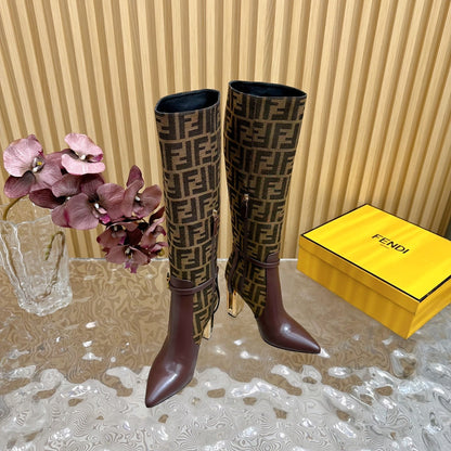 FF BOOTIES HIGH BOOTS IN SANGRIA PURPLE CALFSKIN AND MEDIUM BROWN MONOGRAM FF FABRIC
