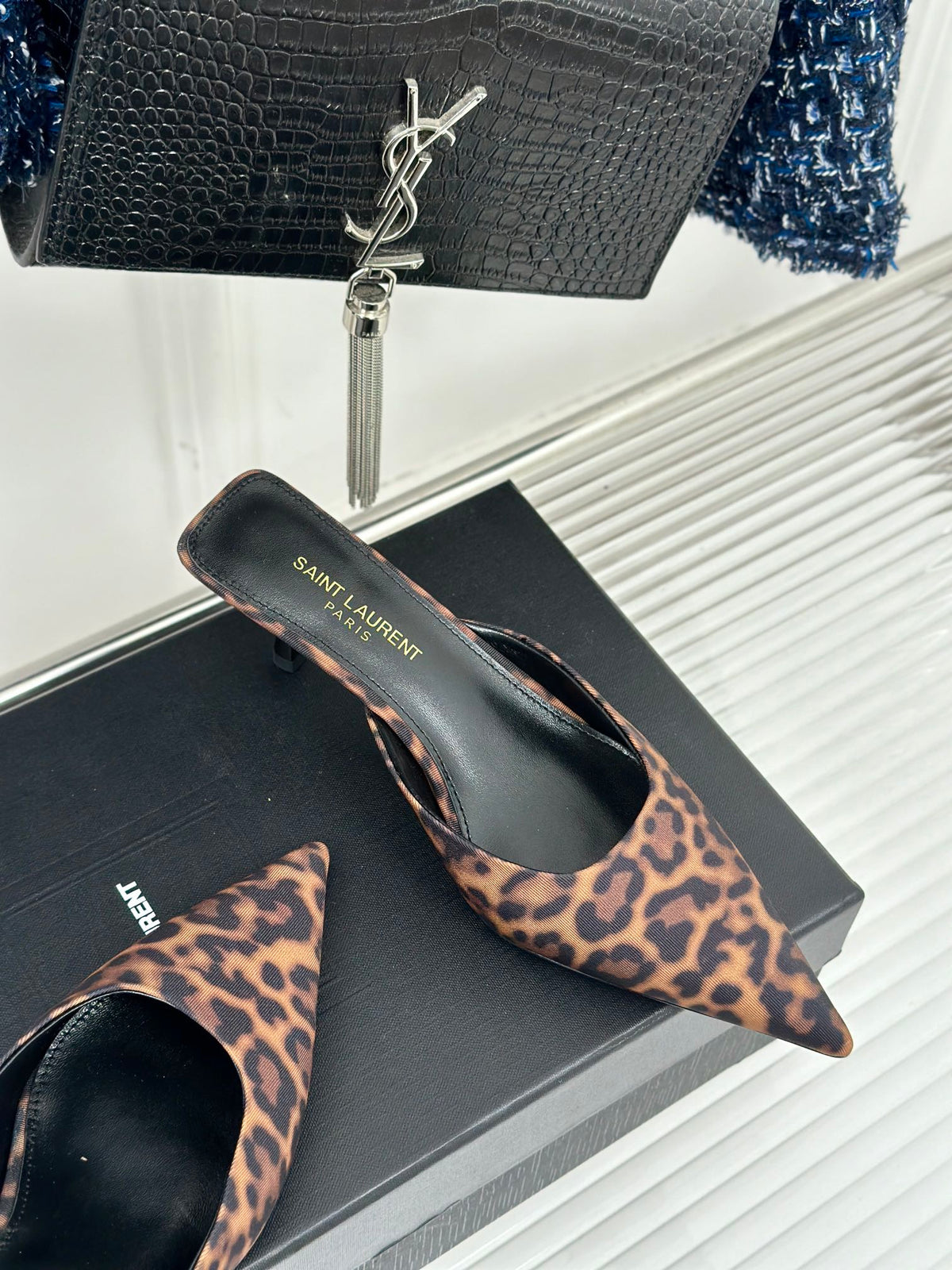 SL BARBARA MULES 55 LEOPARD MOTIF SATIN