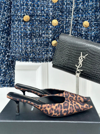 SL BARBARA MULES 55 LEOPARD MOTIF SATIN