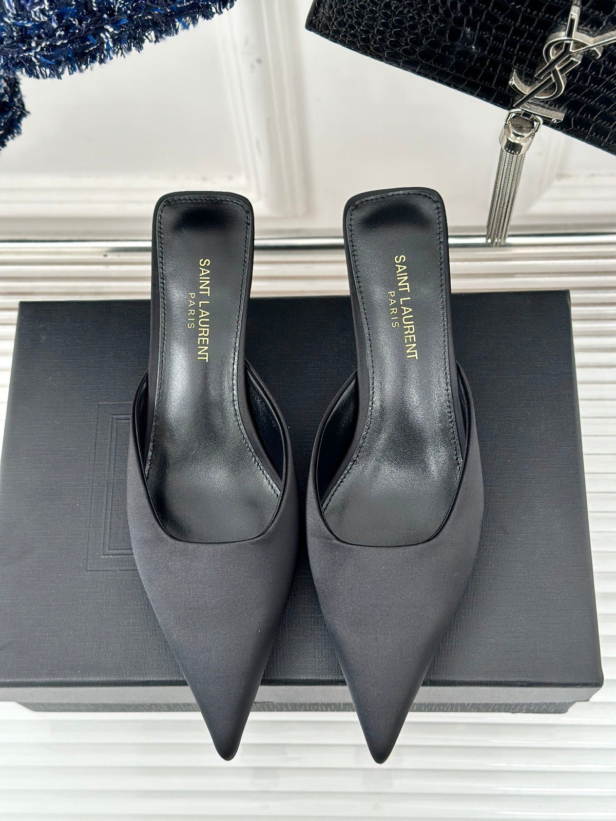 SL BARBARA MULES 55 BLACK SATIN CREPE