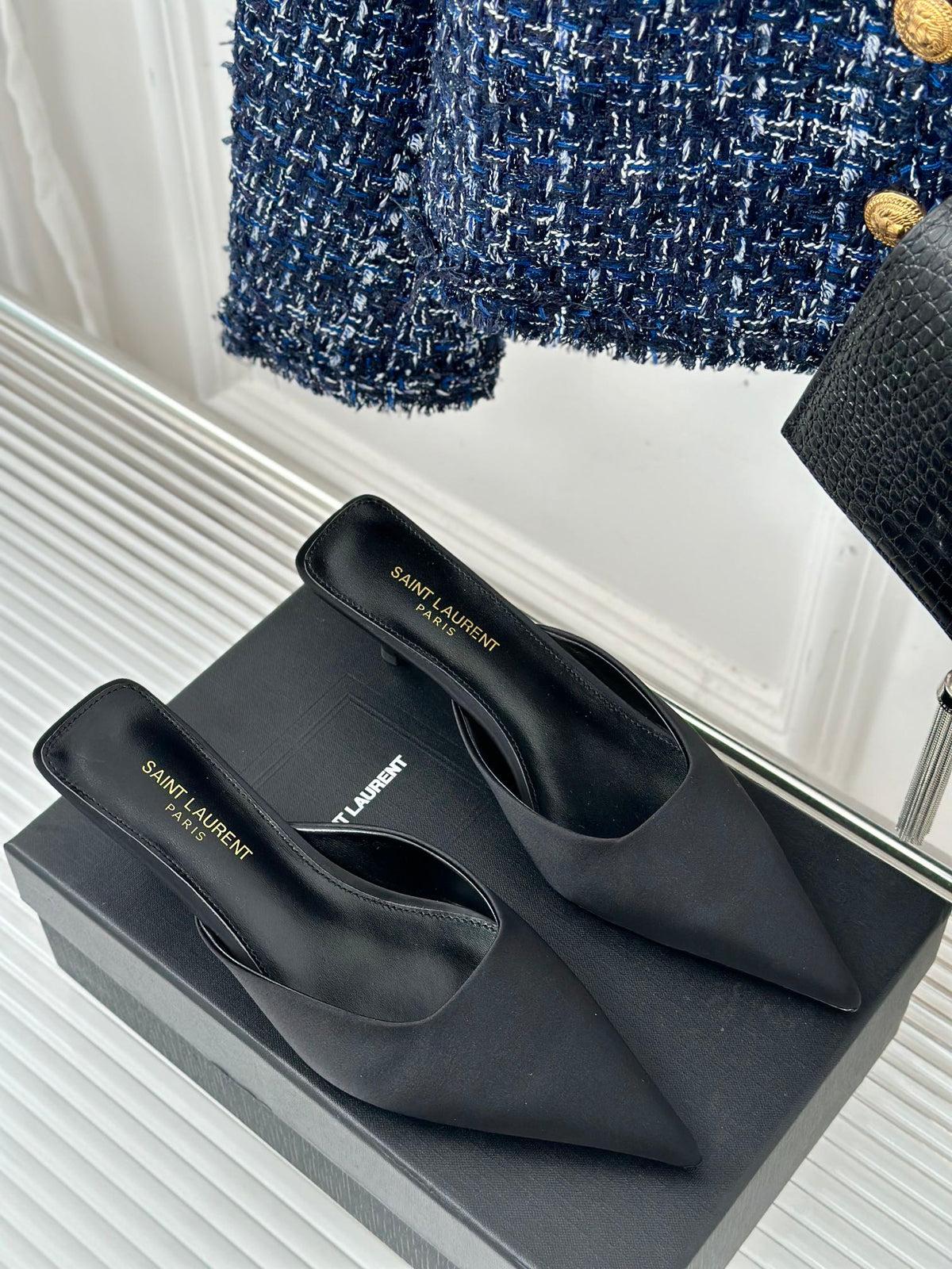 SL BARBARA MULES 55 BLACK SATIN CREPE