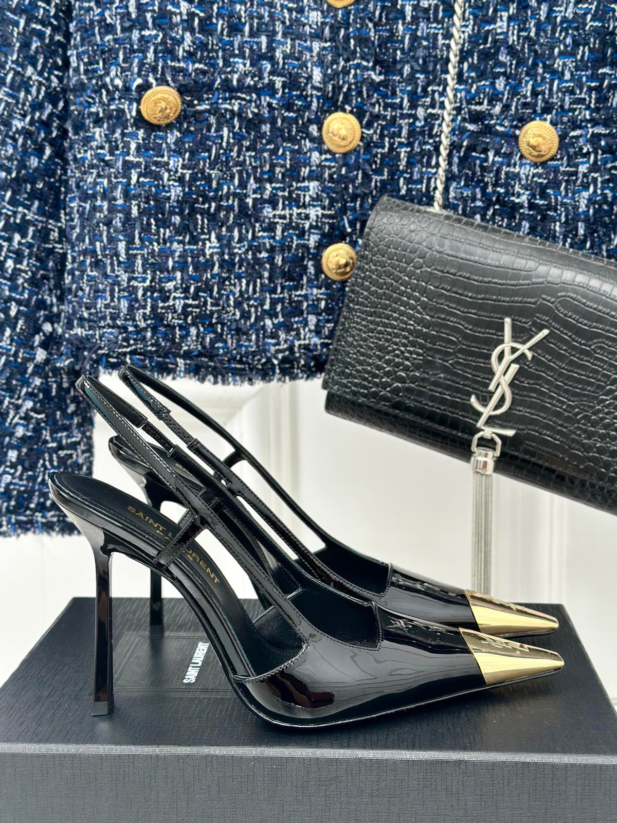 SL JEANNE SLINGBACK PUMPS BLACK POLISHED CALFSKIN
