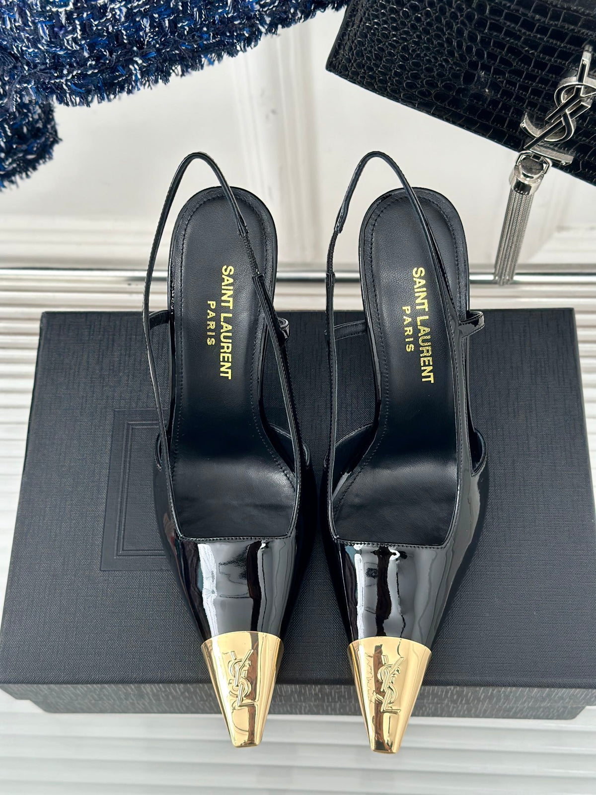 SL JEANNE SLINGBACK PUMPS BLACK POLISHED CALFSKIN