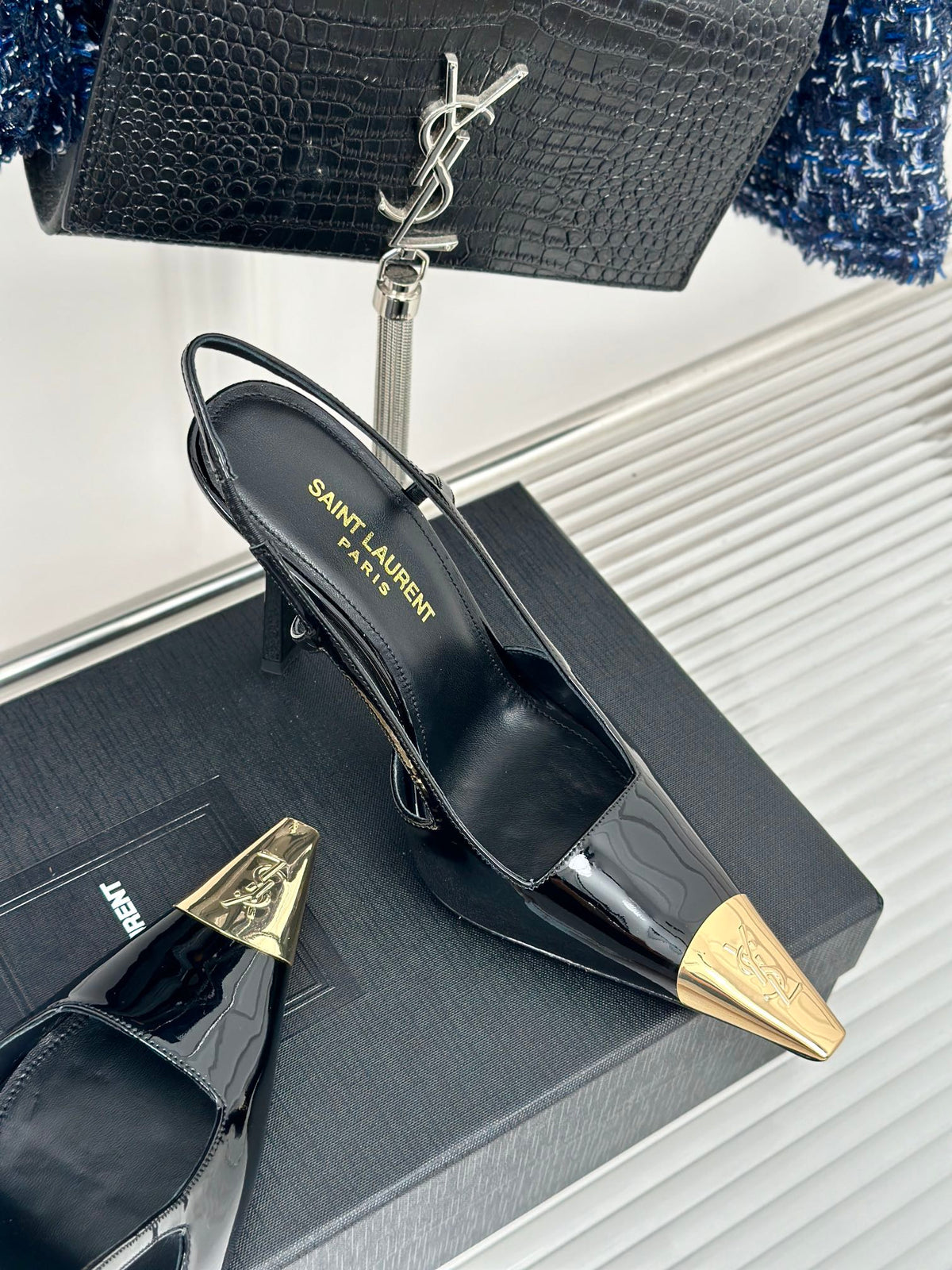 SL JEANNE SLINGBACK PUMPS BLACK POLISHED CALFSKIN