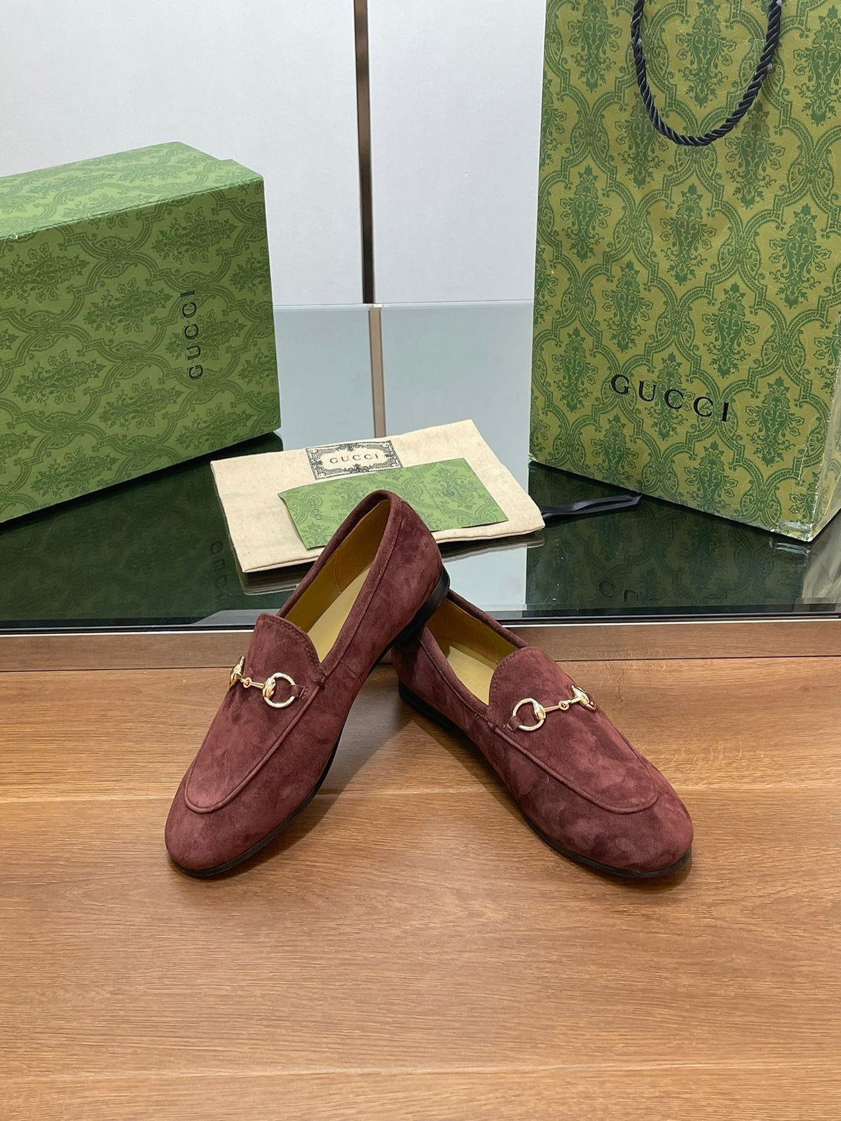 HORSEBIT LOAFER IN UMBER BROWN SUEDE WITH GOLD HARDWARE
