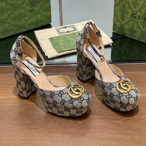 GG HIGH SANDAL 11.5 CM IN BLACK MIX BEIGE MONOGRAM JACQUARD FABRIC