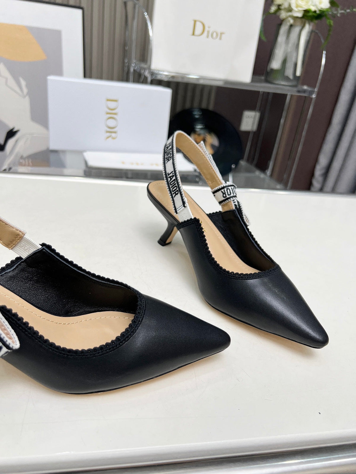 J'ADIOR SLINGBACK PUMP BLACK CALFSKIN AND EMBROIDERED FABRIC 65 MM