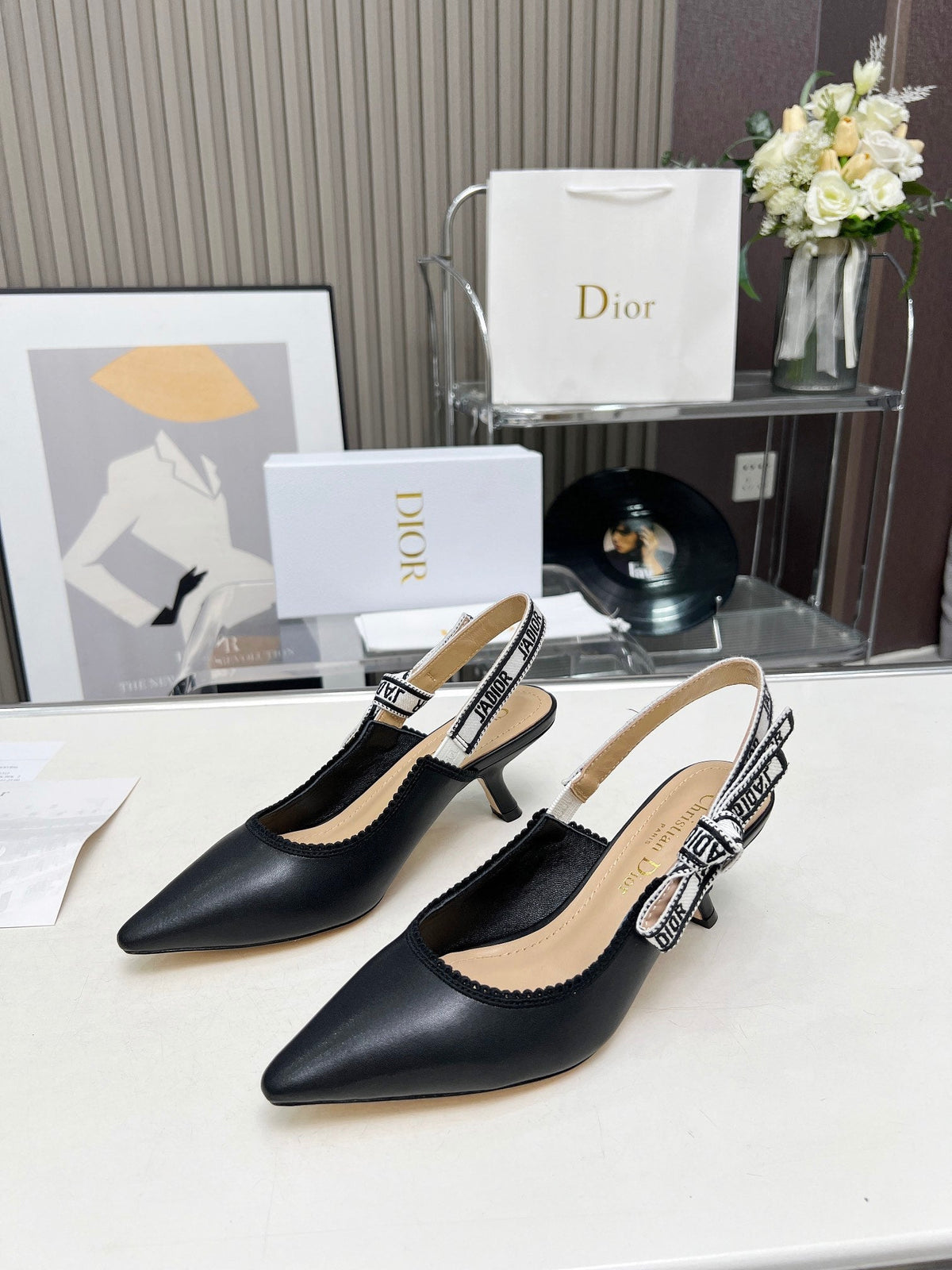 J'ADIOR SLINGBACK PUMP BLACK CALFSKIN AND EMBROIDERED FABRIC 65 MM