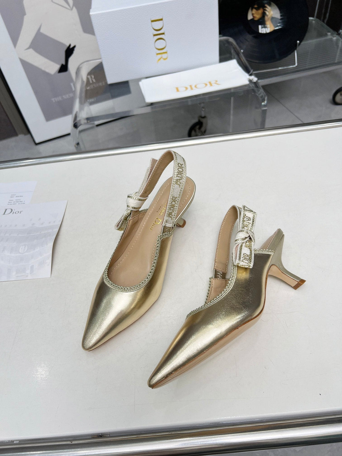 J'ADIOR SLINGBACK PUMP LIGHT GOLD CALFSKIN AND EMBROIDERED FABRIC 65 MM