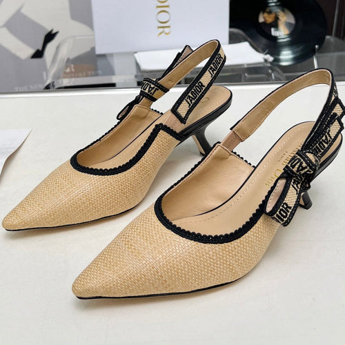 J'ADIOR SLINGBACK PUMP NATURAL RAFFIA AND BLACK EMBROIDERED COTTON 65 MM