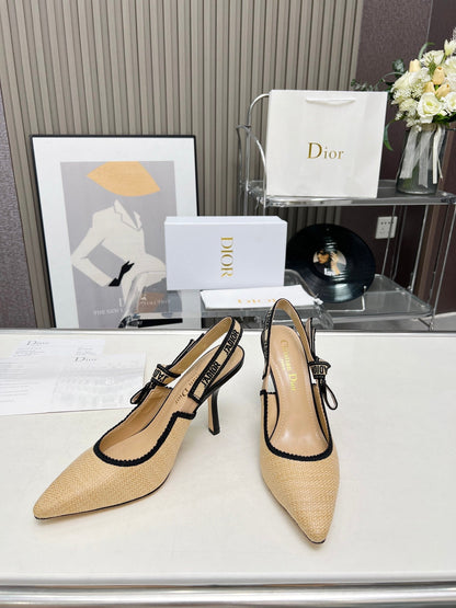 J'ADIOR SLINGBACK PUMP NATURAL RAFFIA AND BLACK EMBROIDERED COTTON 10 CM