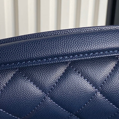 RETRO STYLE FLAP BAG 19 IN NAVY BLUE GRAINED CALFSKIN GOLD HARDWARE