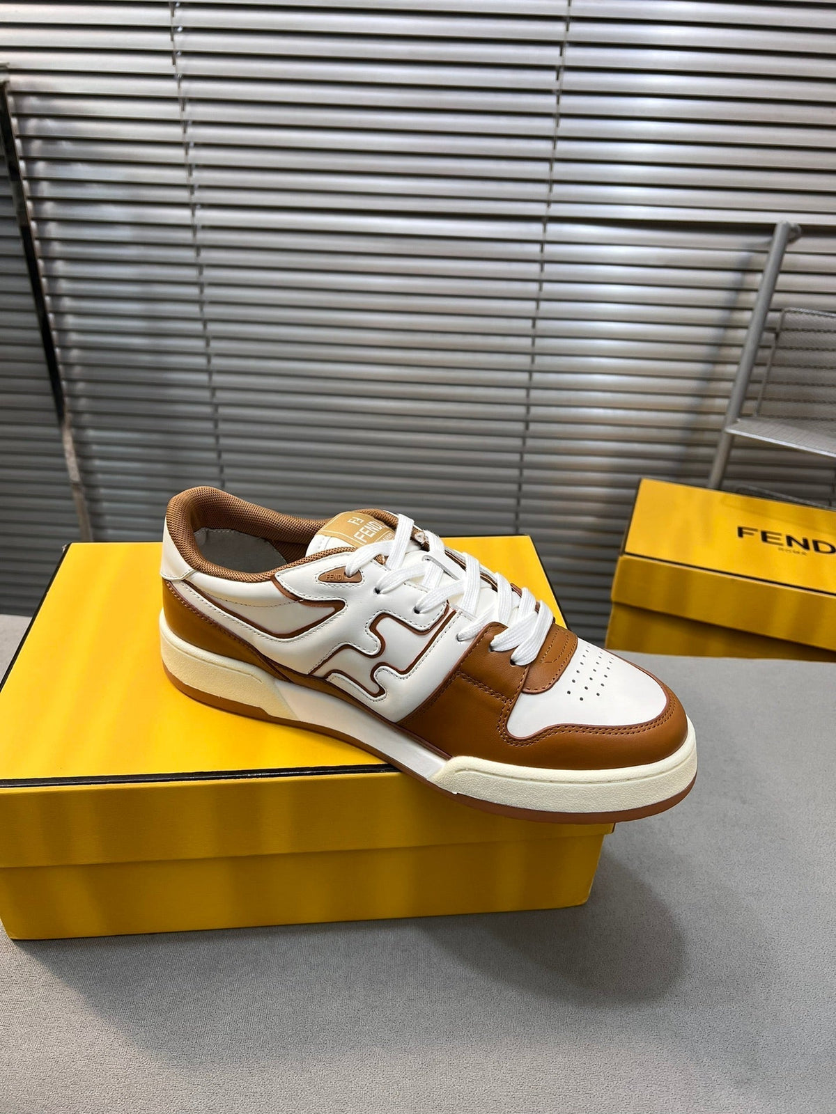 FENDI MATCH LOW TOPS IN RUSSET BROWN MIX WHITE CALFSKIN AND MESH