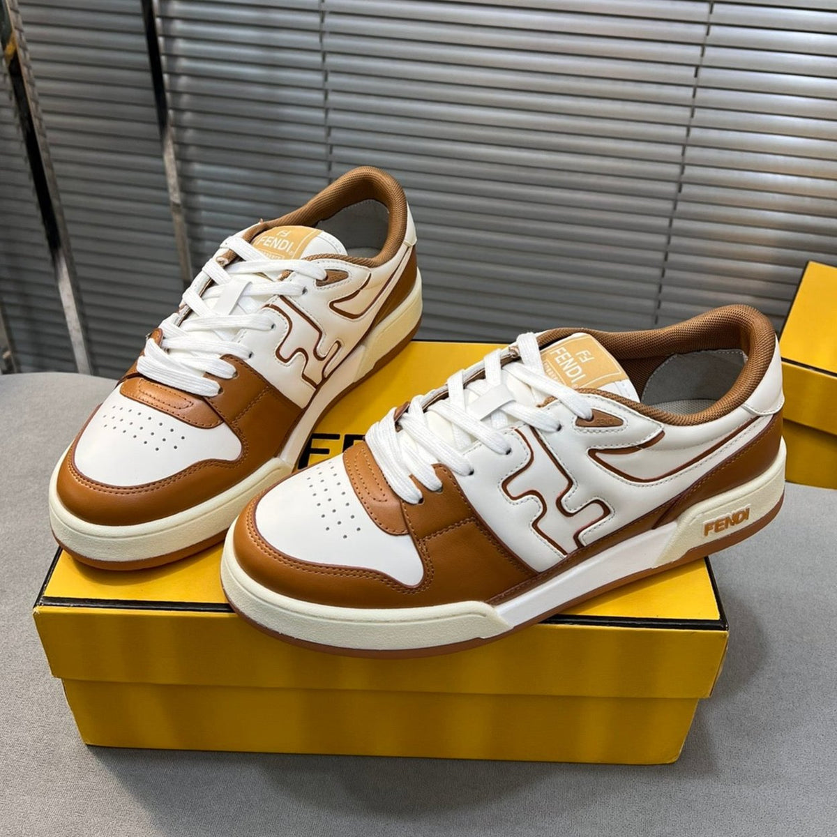 FENDI MATCH LOW TOPS IN RUSSET BROWN MIX WHITE CALFSKIN AND MESH
