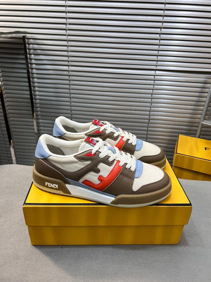 FENDI MATCH LOW TOPS IN COFFEE BROWN MIX WHITE CALFSKIN AND MESH