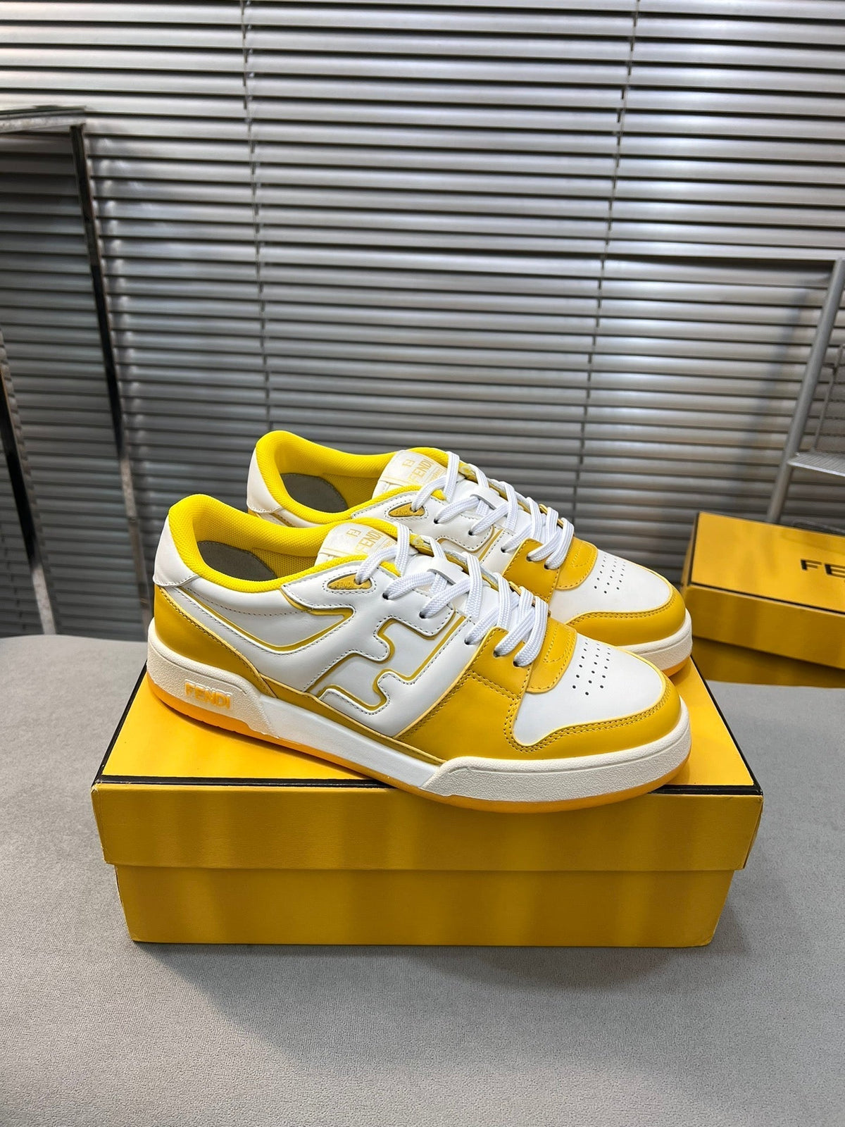 FENDI MATCH LOW TOPS IN BRIGHT YELLOW MIX WHITE CALFSKIN AND MESH