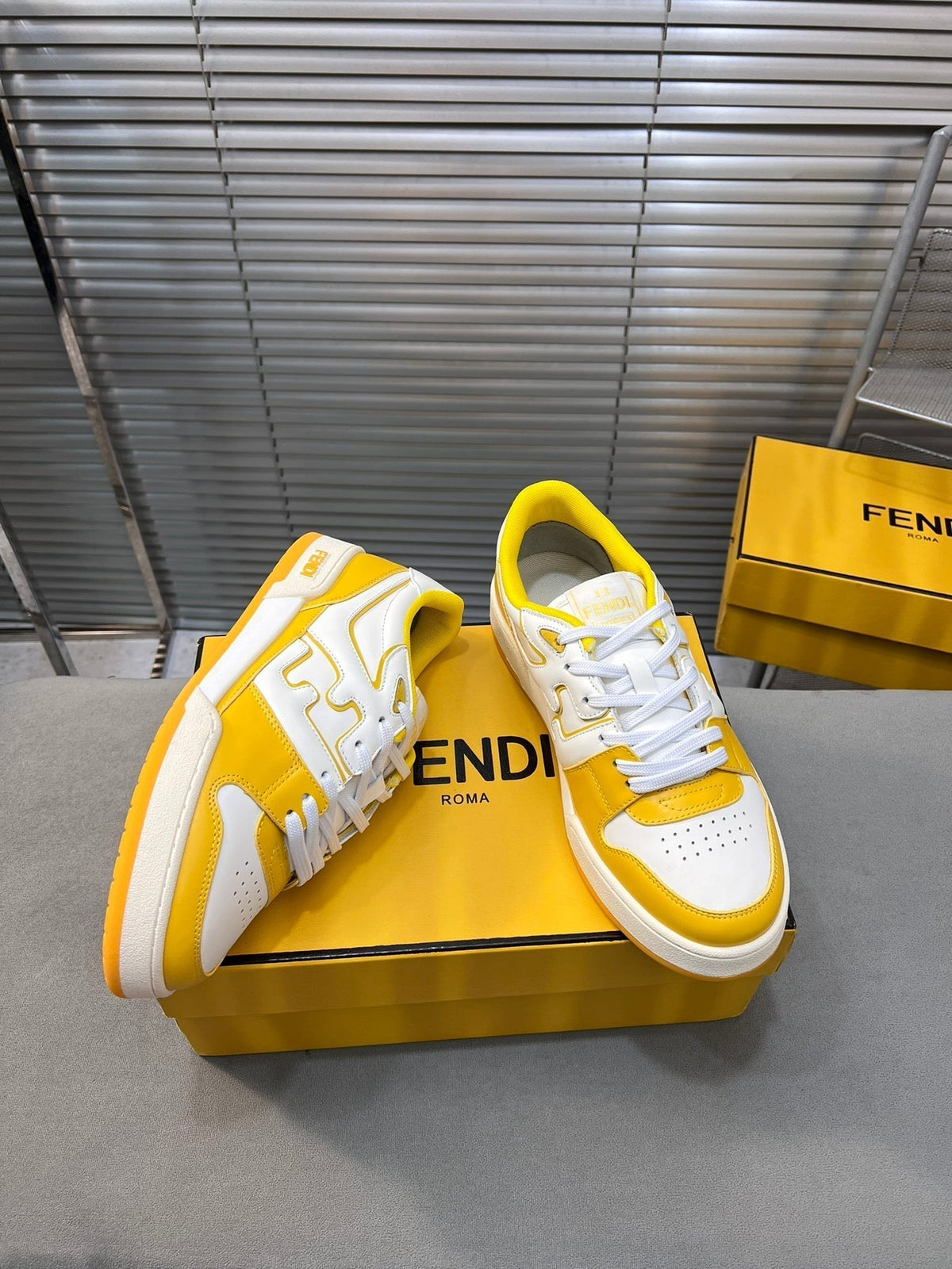 FENDI MATCH LOW TOPS IN BRIGHT YELLOW MIX WHITE CALFSKIN AND MESH