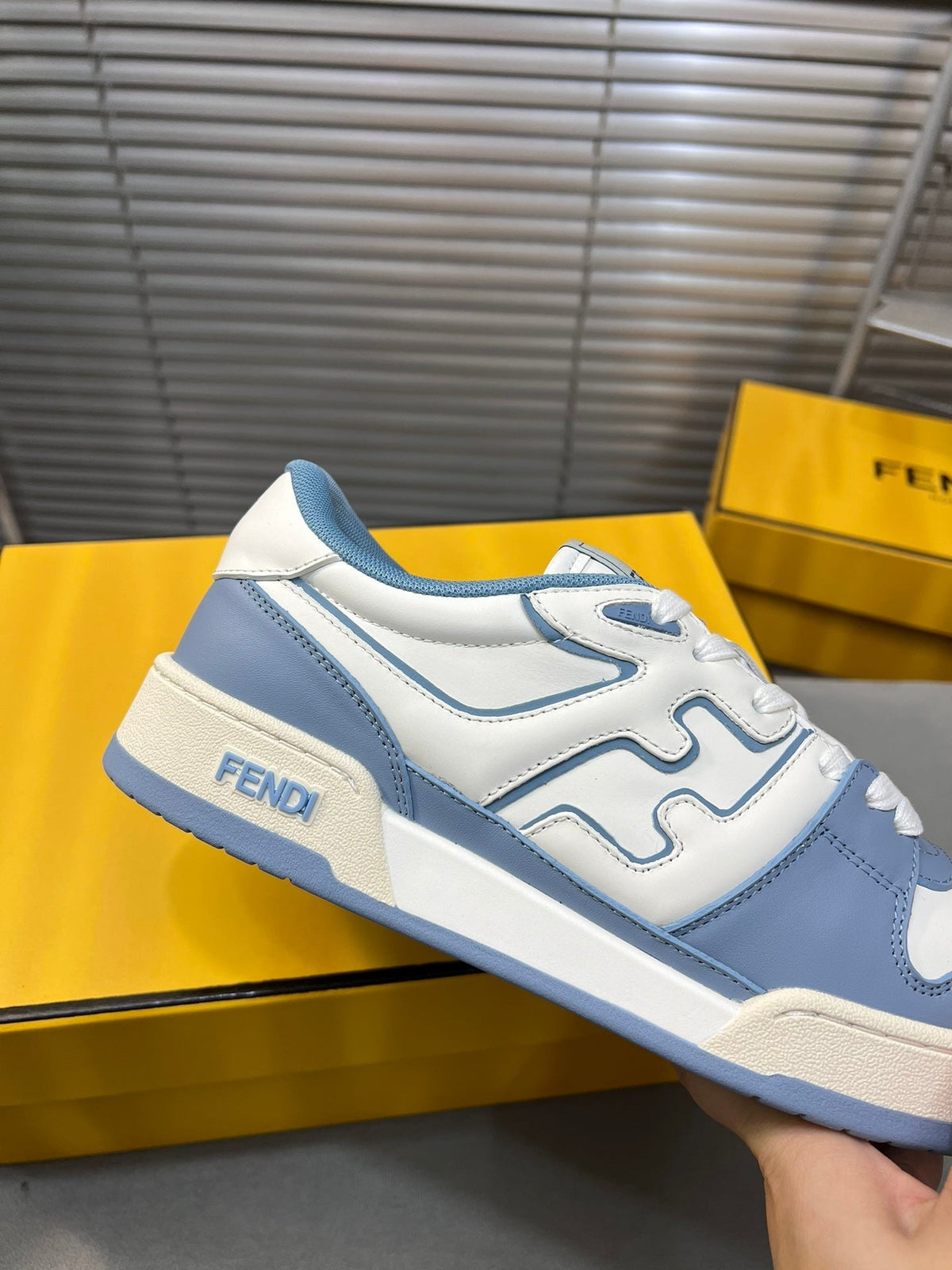 FENDI MATCH LOW TOPS IN CERULEAN BLUE MIX WHITE CALFSKIN AND MESH